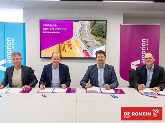 De Romein en Eiffage Infra-Bau feiern die Vertragsunterzeichnung mit Amprion für das Netzausbauprojekt Rhein-Main-Link